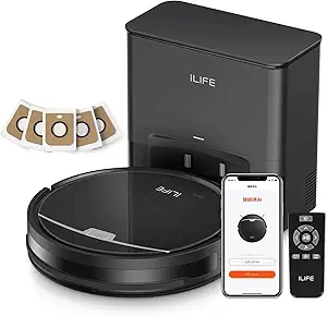 ILIFE V9 Pro Robot Vacuum Mop Combo, Self-Emptying Robot Vacuum Cleaner, 3000Pa Powerful Suction, Gyroscopic Navigation, App/Alexa Controlled, Tangle-Free, Safe for Pet Hair and Hard Floors, Black