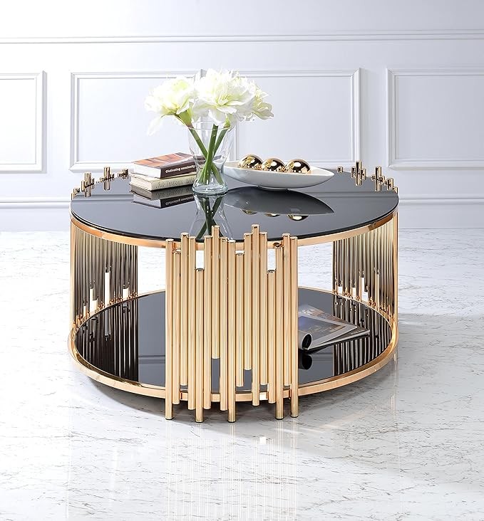 Acme Tanquin Modern Round Glass Top Coffee Table in Black and Gold